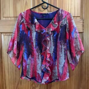Women's August Silk Red Floral Ruffle Sheer Blouse Size Small